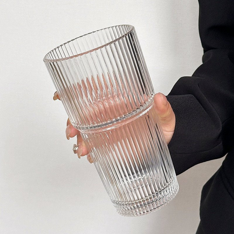 Everyday Stackable Ribbed Glass Cup for Coffee Latte Iced Drinks