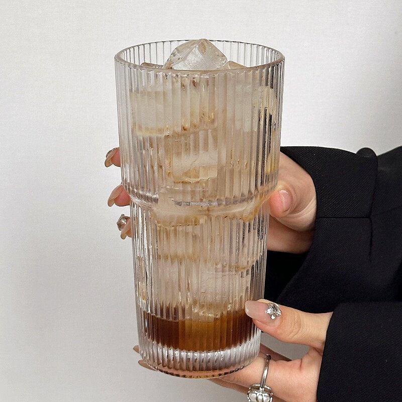 Everyday Stackable Ribbed Glass Cup for Coffee Latte Iced Drinks