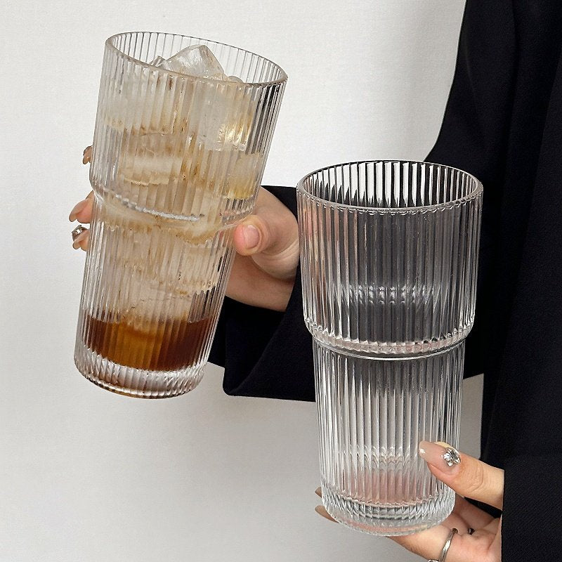 Everyday Stackable Ribbed Glass Cup for Coffee Latte Iced Drinks