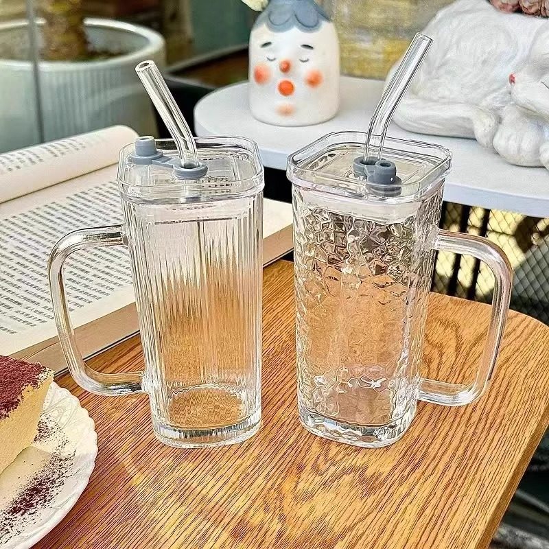 Modern Straw Glass Cup with Handle for Coffee Milk and Water