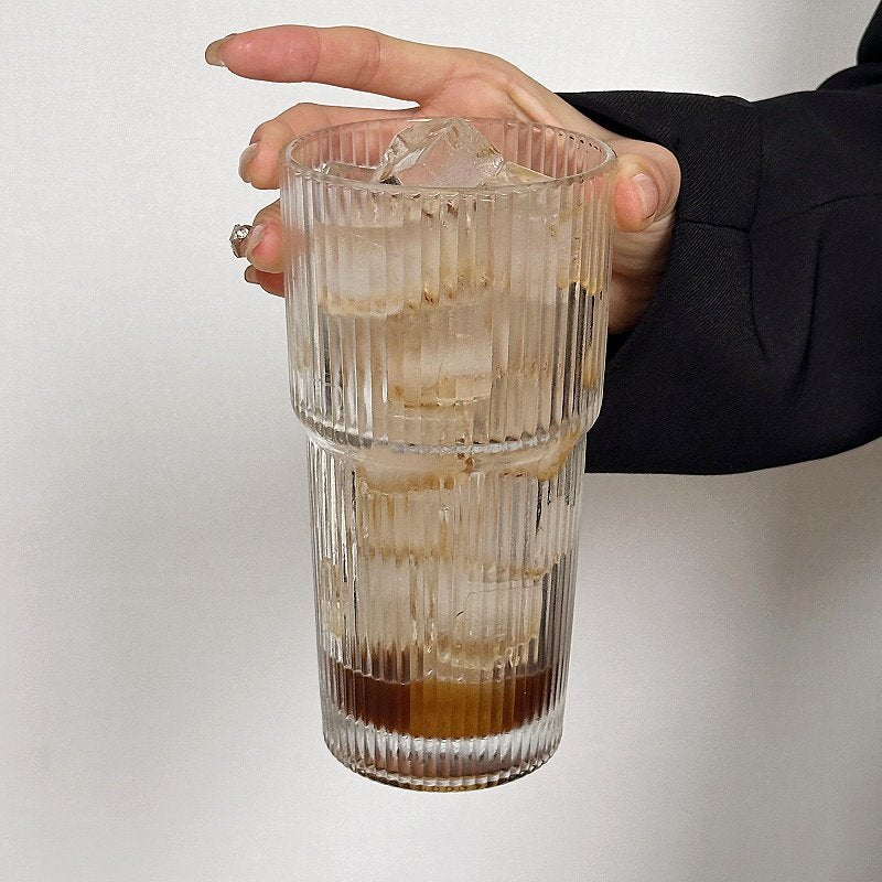 Everyday Stackable Ribbed Glass Cup for Coffee Latte Iced Drinks