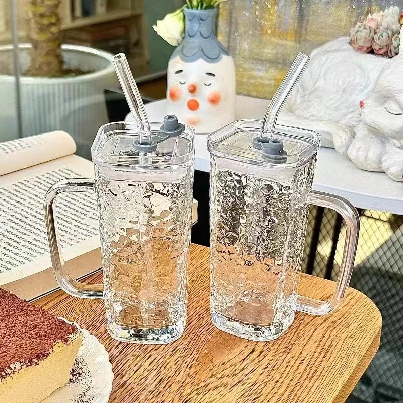 Modern Straw Glass Cup with Handle for Coffee Milk and Water