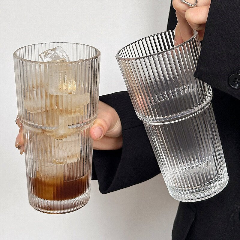 Everyday Stackable Ribbed Glass Cup for Coffee Latte Iced Drinks