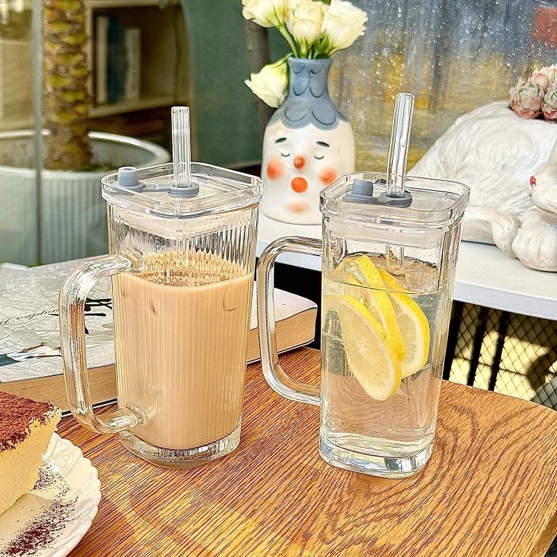 Modern Straw Glass Cup with Handle for Coffee Milk and Water