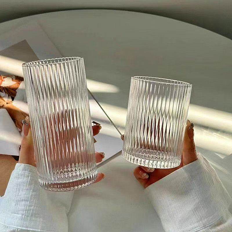 Minimalist Striped Glass Cup for Iced Americano Latte Juice Milk