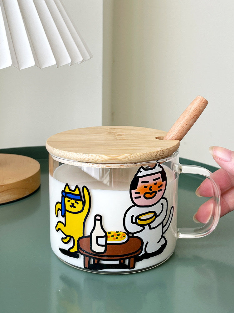 Clear Heat Resistant Glass Milk Cup with Handle Lid Spoon Breakfast