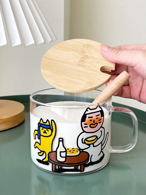 Clear Heat Resistant Glass Milk Cup with Handle Lid Spoon Breakfast