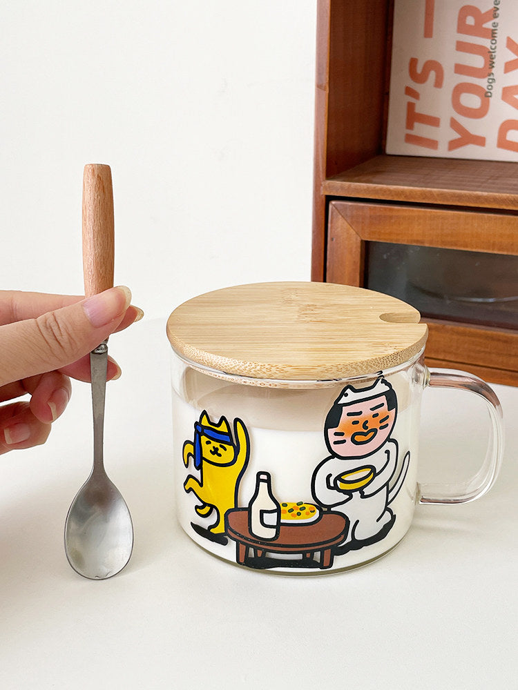 Clear Heat Resistant Glass Milk Cup with Handle Lid Spoon Breakfast