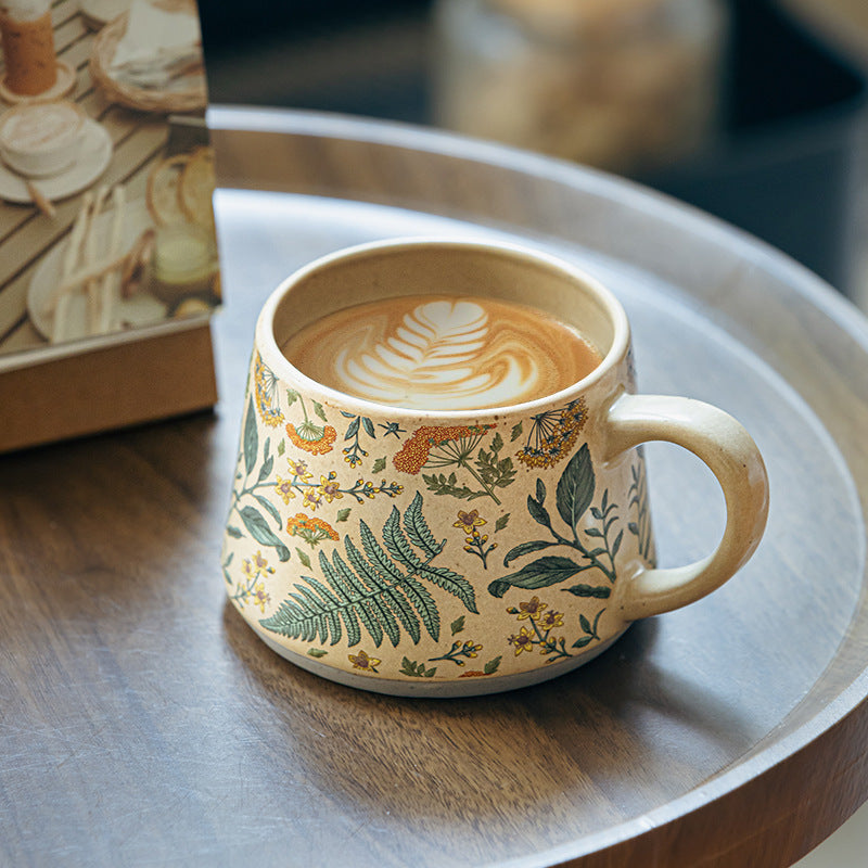 Handmade Ceramic Coffee Mug 13oz Vintage Floral Design for Daily Use